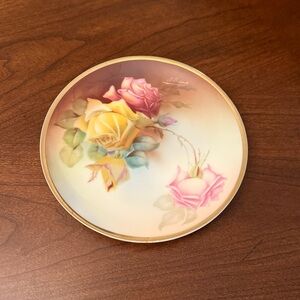 Vintage Thomas Sevres Bavaria Marechal Niel Roses Plate 7.5”D; Artist Signed
